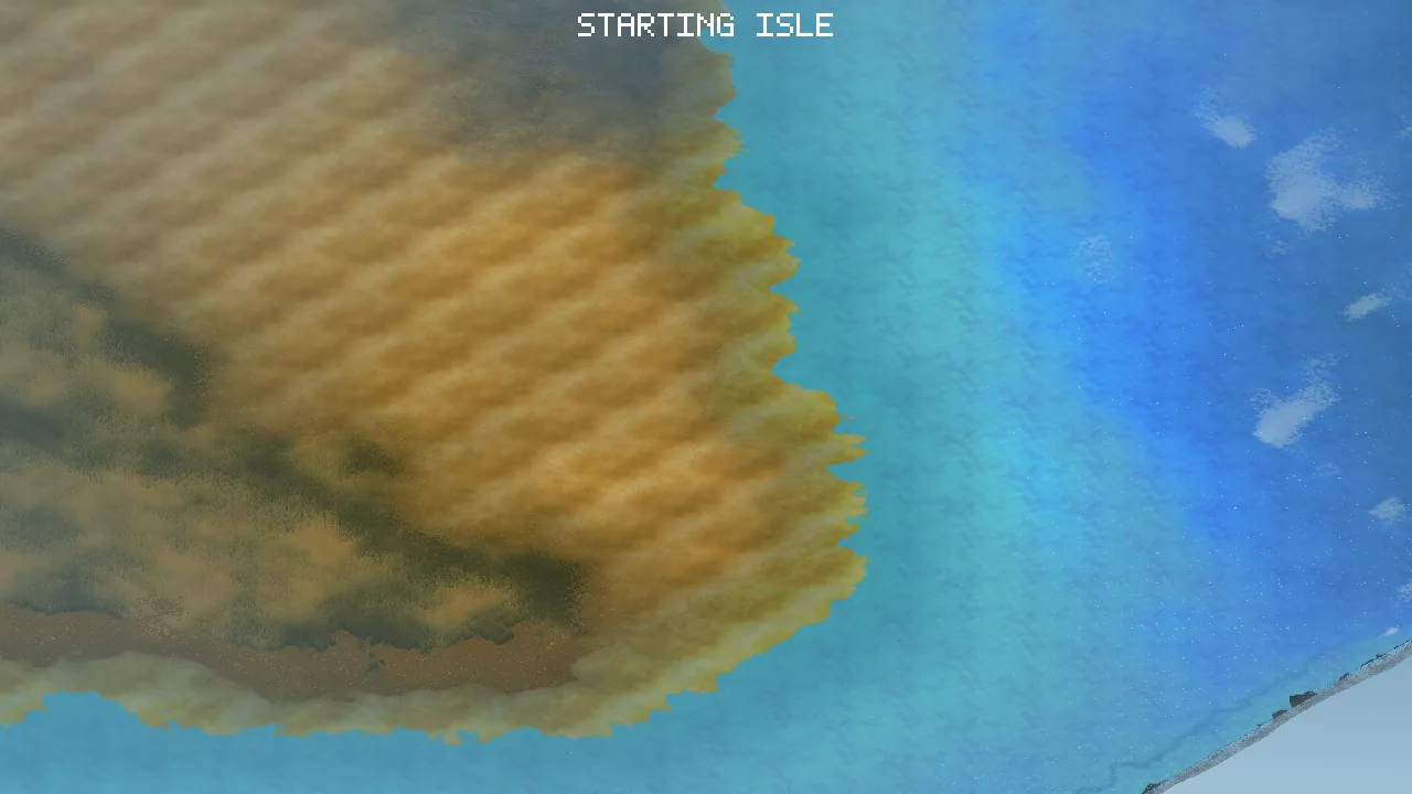 The starting isle's beach on the old tile renderer: a blurred sand edge with water fading unevenly over it