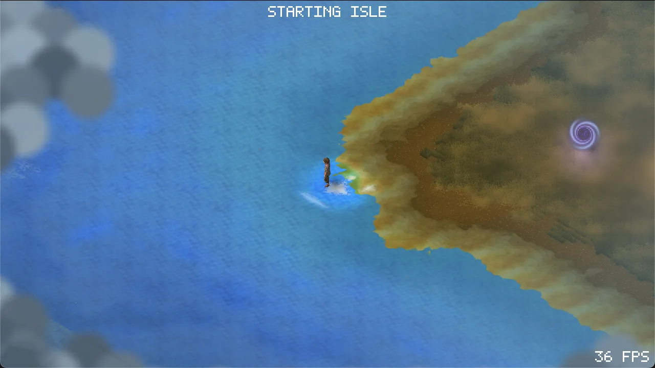 Shoreline blending from grass to sand to water on the Starting Isle