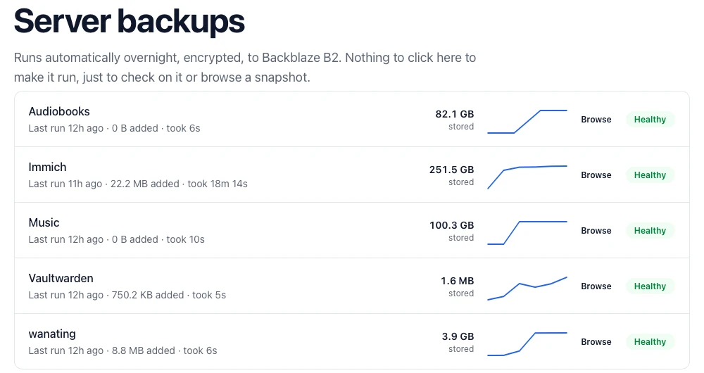 Server backups: five offsite backups, each with its size, last run and a Healthy status