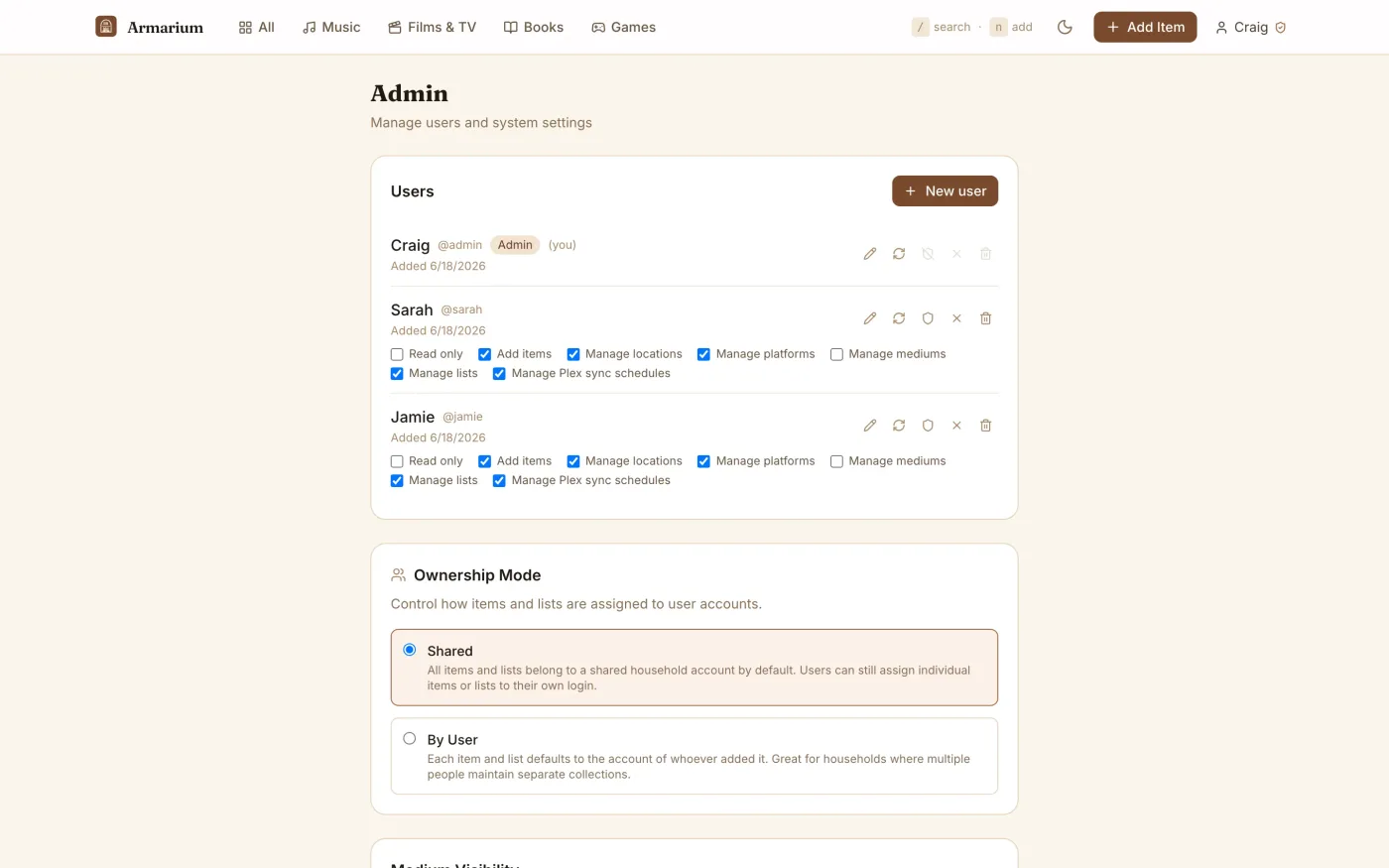 Admin panel for users, permissions and Plex sync