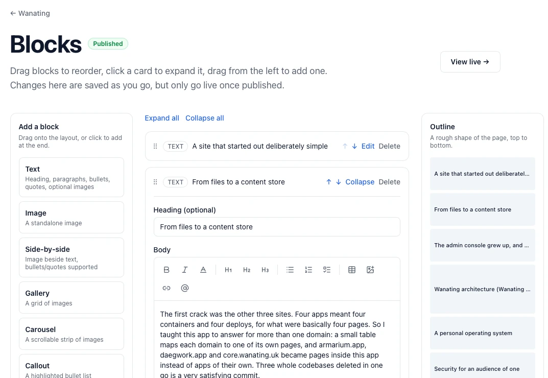 The admin Studio editor: a post's blocks in order, one expanded to edit its text