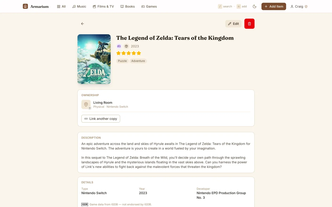 Item detail page: ownership, description, and details for a physical game
