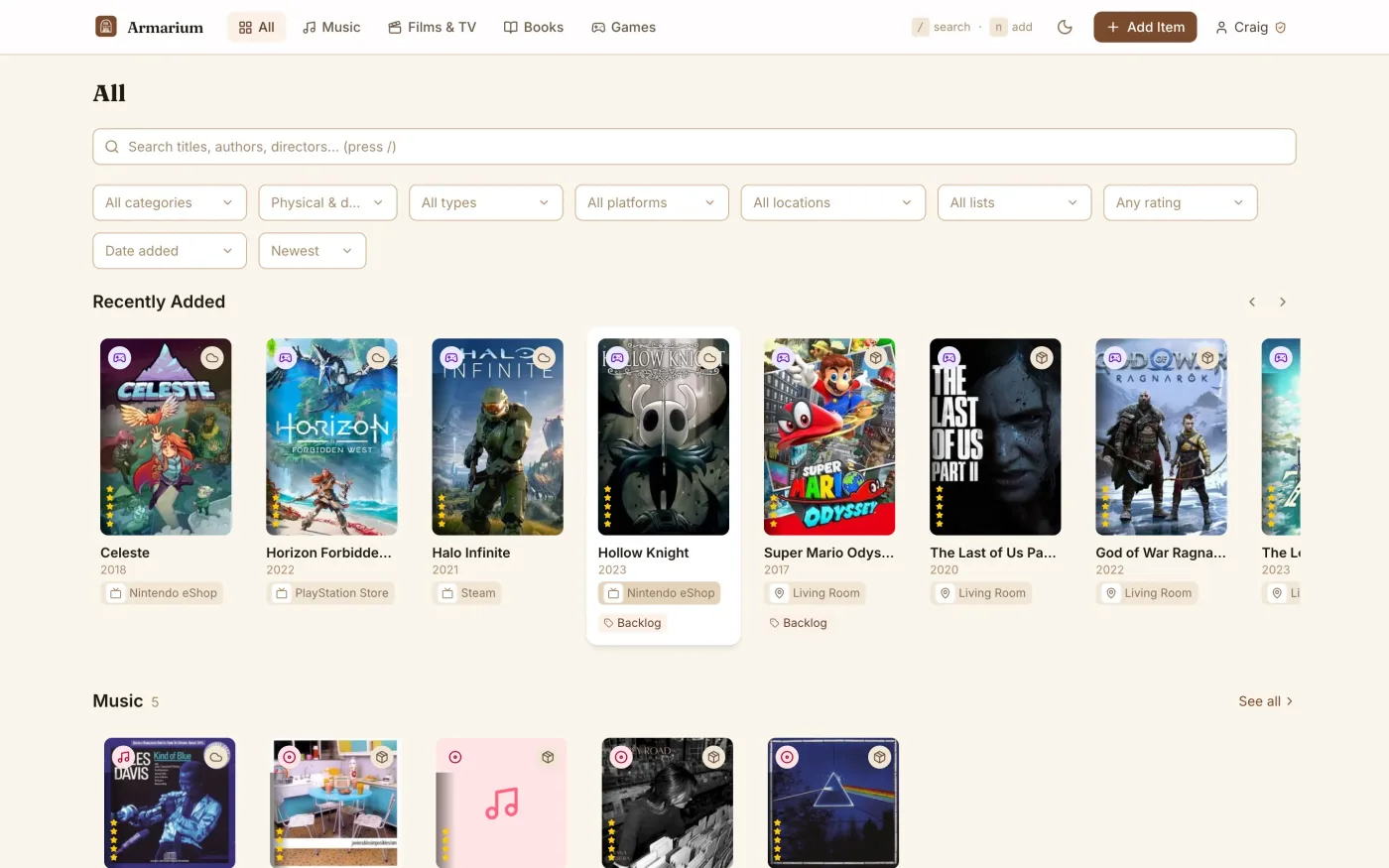 Armarium home screen, light mode, recently added and per-category rows