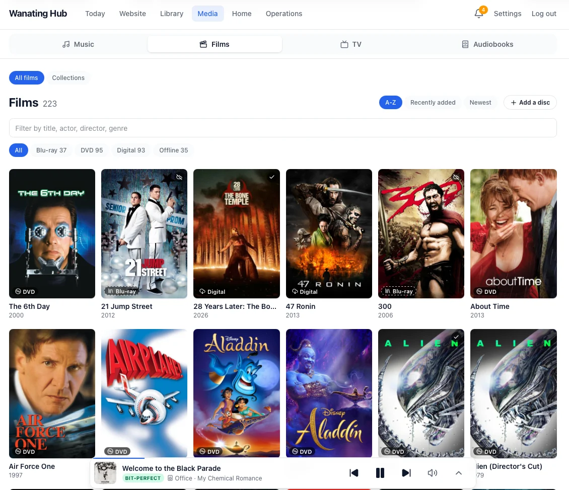 The hub's Films view: 223 films as poster tiles, filterable by Blu-ray, DVD, Digital and Offline