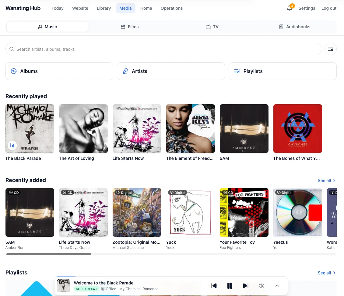 The hub's Media page: recently played and recently added albums with CD and Digital badges, and a now-playing bar marked bit-perfect