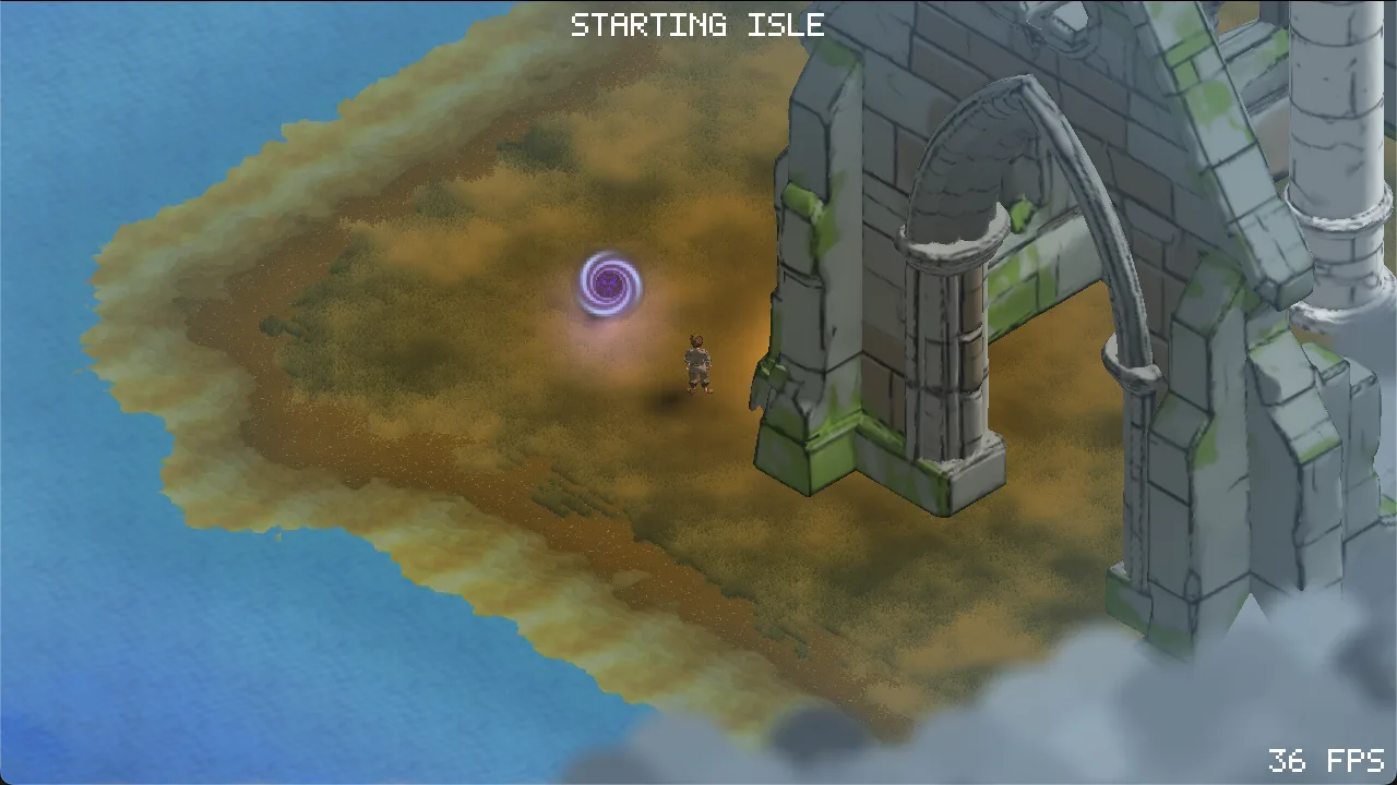 Arthur standing before a ruined arch on the Starting Isle