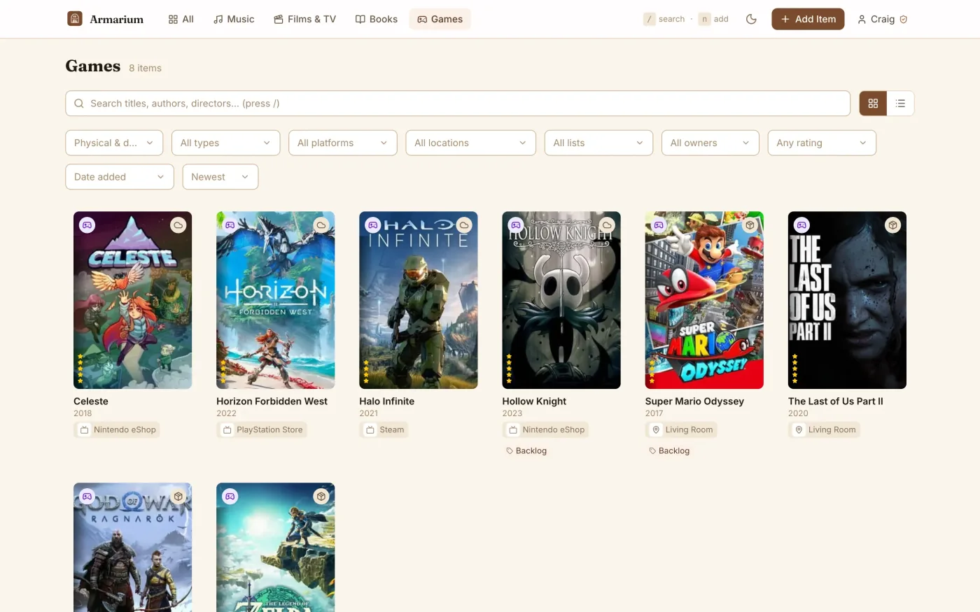 Games library, filtered to one category